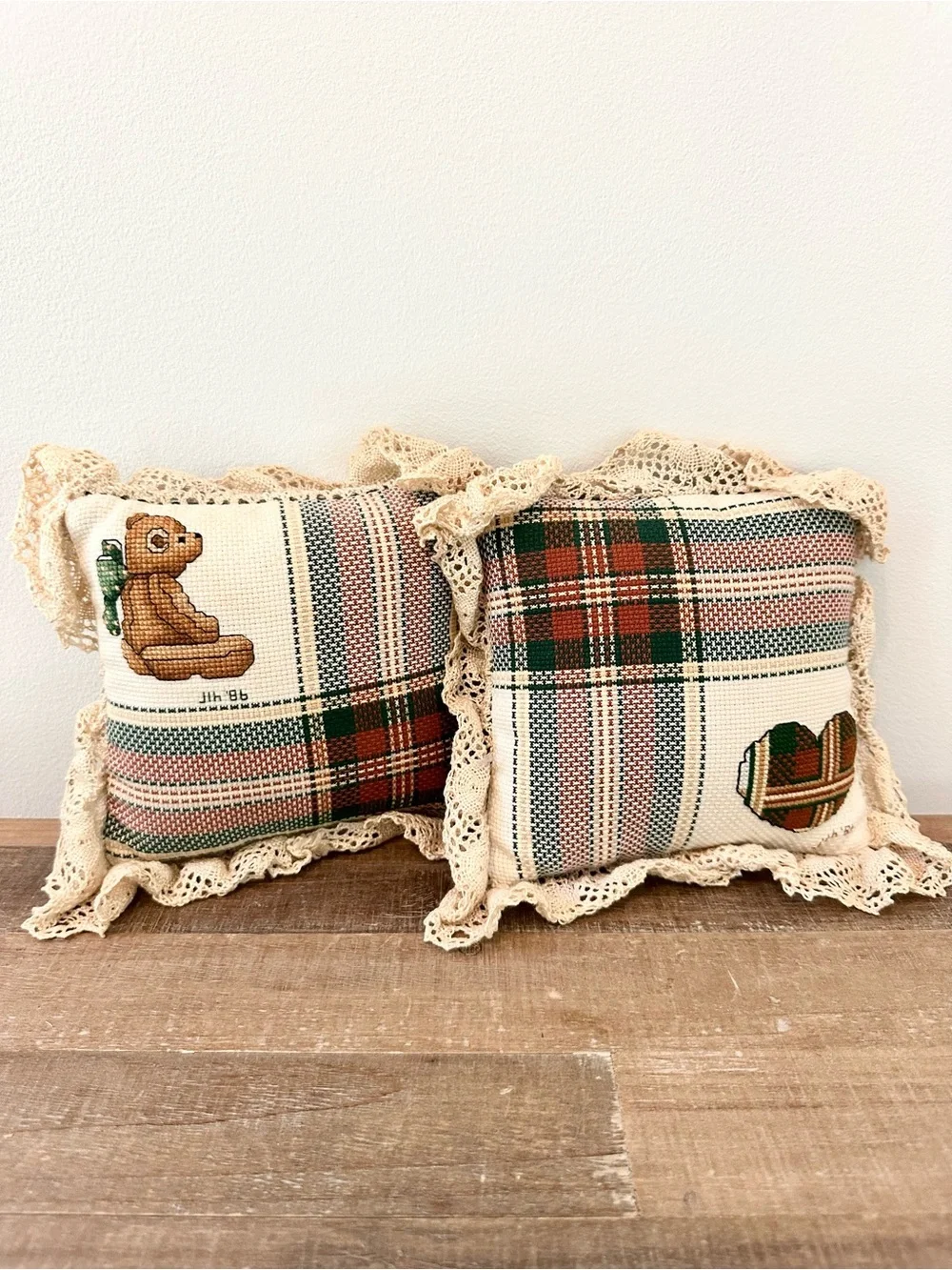 Vintage Handmade Plaid Decorative Cross Stitched Pillows Lace Trim Teddy Heart